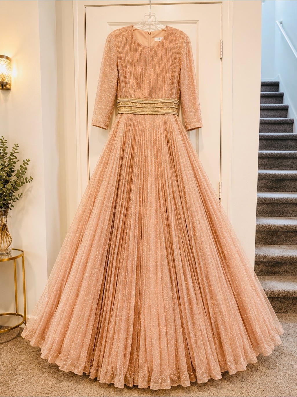 Mac Duggal Pleated Shimmering Rose Gold Ballgown